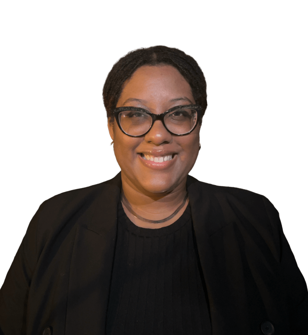 smiling young woman dressed in black with eye glasses