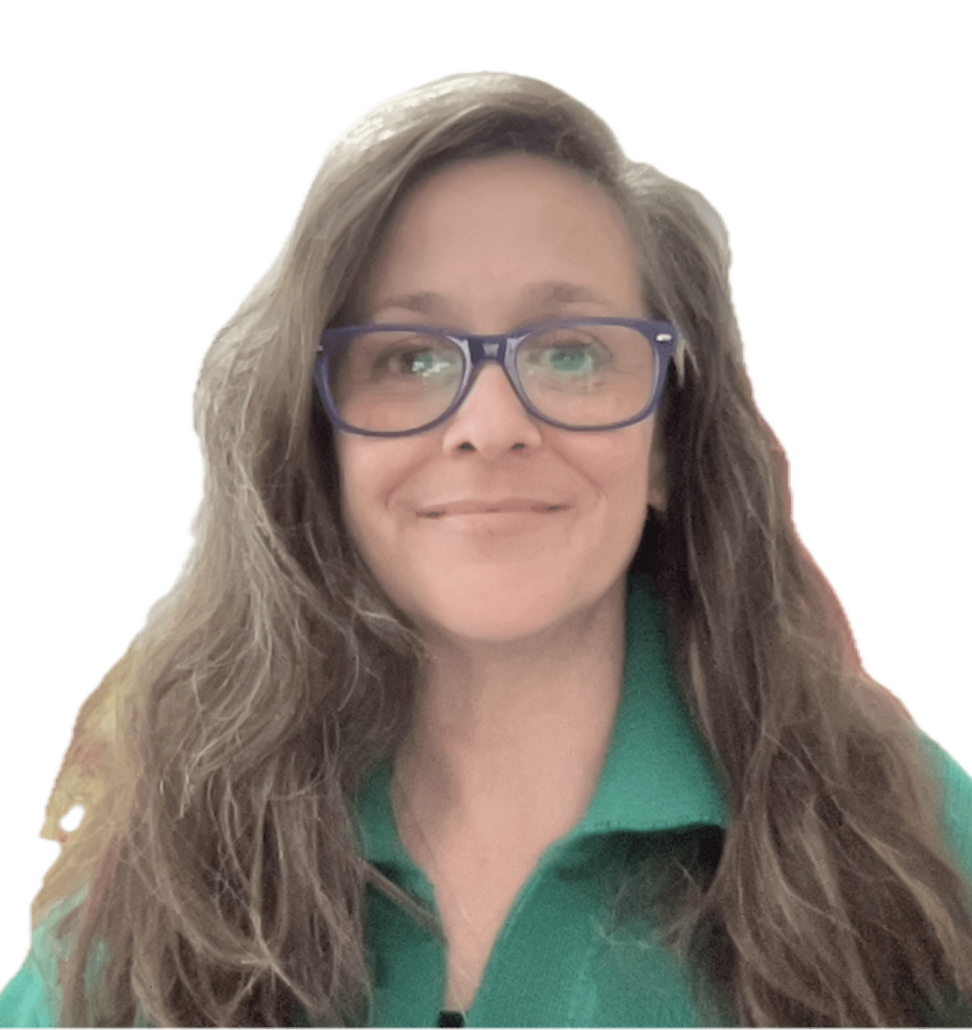 Young person with green shirt and glasses, and long brown hair.