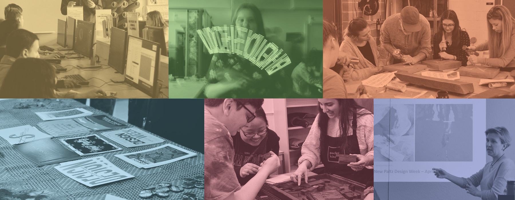 a collage of images of students working on physical and digital design mediums