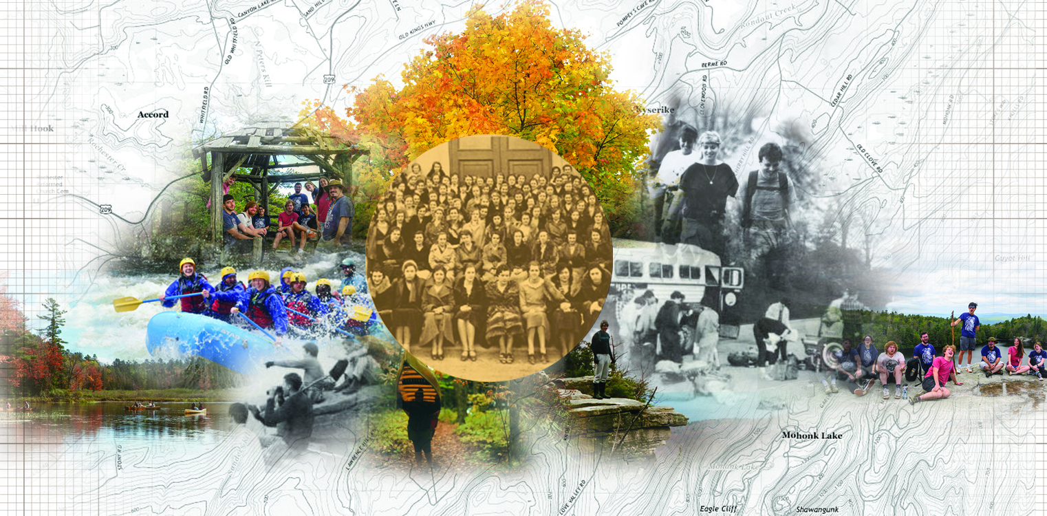 A collage of the Outing Club over 100 years, including archival and recent group photos of the group